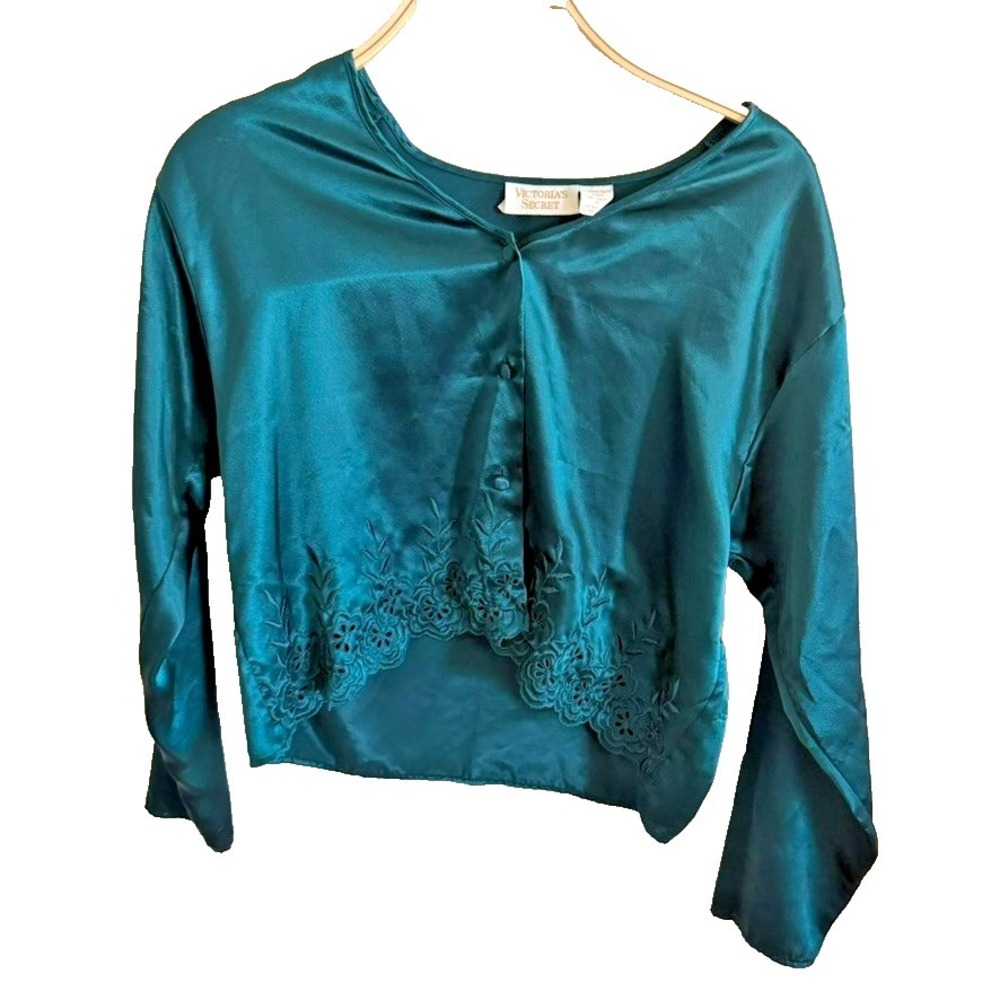 Victoria's Secret Womens Vintage Gold Label Satin Sleep Shirt M/L Teal Jacquard